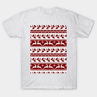 Dark Christmas Candy Apple Red Nordic Reindeer Stripe in White T-Shirt